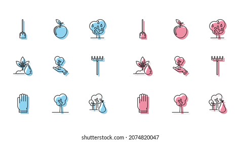 Set line Garden gloves, Tree, Shovel, with pears, in hand of environmental protection, rake, Watering plant and Apple icon. Vector