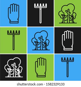 Set line Garden gloves, Trees and Garden rake icon. Vector