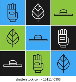 Set line Garden gloves, Worker hat and Leaf icon. Vector