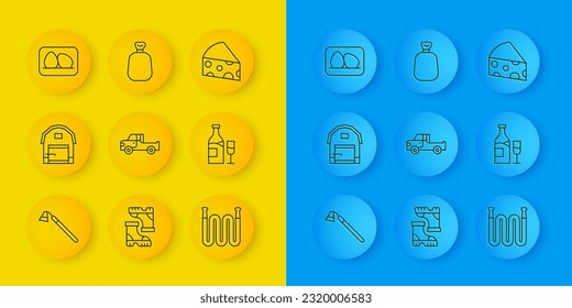 Set line Garden hoe, Farm house, Pickup truck, hose, Wine bottle with glass, Chicken egg, Cheese and Full sack icon. Vector