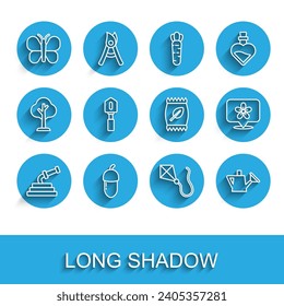 Set line Garden hose, Acorn, Butterfly, Kite, Watering can, Shovel, Location with flower and Fertilizer bag icon. Vector
