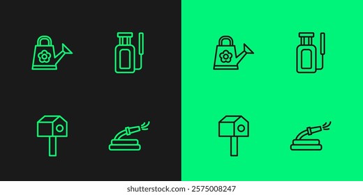 Set line Garden hose, Bird house, Watering can and sprayer for water icon. Vector