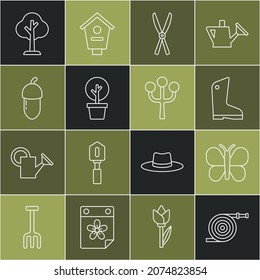Set line Garden hose, Butterfly, Rubber gloves, Gardening handmade scissors, Forest, Acorn,  and Blossom tree branch icon. Vector