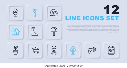 Set line Garden hose, Calendar with autumn leaves, Waterproof rubber boot, Tree, Farm house, Wheelbarrow, pitchfork and Gardening scissors icon. Vector