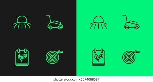 Set line Garden hose, Calendar with autumn leaves, Sunrise and Lawn mower icon. Vector