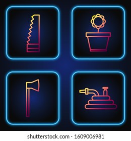 Set line Garden hose or fire hose, Wooden axe, Garden saw and Flower in pot. Gradient color icons. Vector