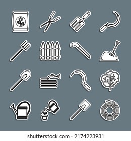 Set line Garden hose or fire hose, Tree, Shovel in the ground, fork, fence, pitchfork, Fertilizer bag and saw icon. Vector