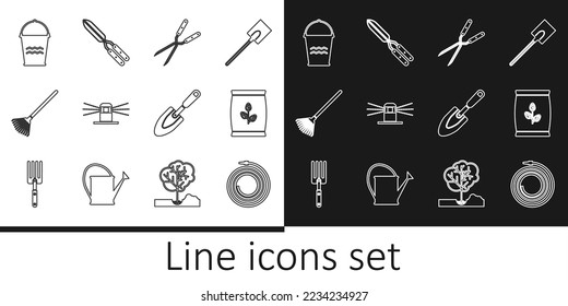 Set line Garden hose or fire hose, Fertilizer bag, Gardening handmade scissor, Automatic irrigation sprinklers, rake for leaves, Bucket, trowel spade shovel and  icon. Vector