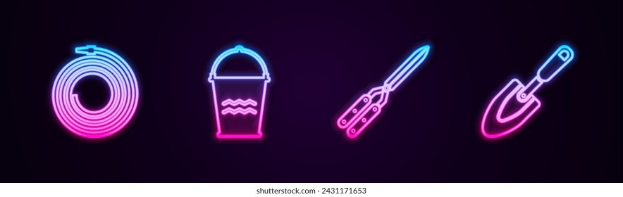 Manguera de jardín o manguera de fuego, cubo, tijera hecha a mano de jardinería y pala de pala de pala. Icono de neón brillante. Vector