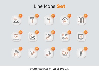 Set line Garden hose, Fruit trees, Fresh berries, Shovel and rake, Well, Colorado beetle,  and Sprout icon. Vector