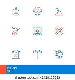 Set line Garden hose, Pickaxe, Farm house, Stop colorado beetle, Sprout, Colorado, Shovel in the ground and Cloud with rain icon. Vector