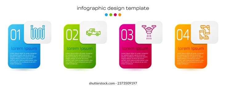 Set line Garden hose, Pickup truck, Smart farm with drone and Waterproof rubber boot. Business infographic template. Vector