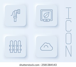 Set line Garden hose, Seeds of specific plant, fence wooden and Cloudy weather. White square button. Vector