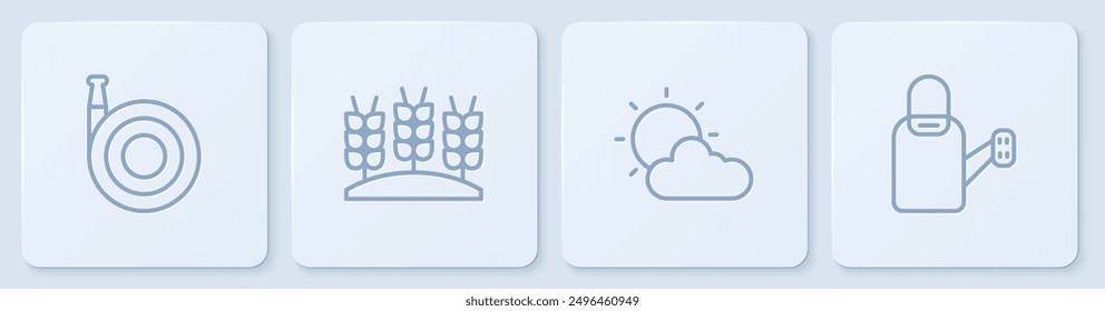 Set line Garden hose, Sun and cloud weather, Wheat and Watering can. White square button. Vector