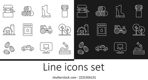 Set line Garden hose, Tree, Waterproof rubber boot, Pack full seeds plant, Farm house, Well, Tractor and Roll hay icon. Vector