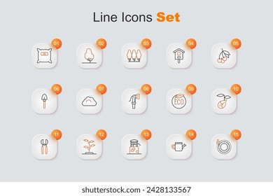 Set line Garden hose, Watering can, Well, Sprout, Gardening scissors, Eco healthy food and  icon. Vector