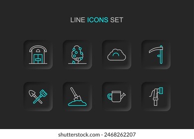 Set line Garden hose, Watering can, Shovel the ground, and rake, Scythe, Cloudy weather, Fruit tree and Farm house icon. Vector