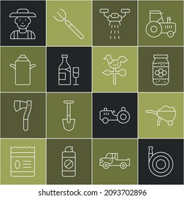 Set line Garden hose, Wheelbarrow with dirt, Jar of honey, Smart farm drone, Wine bottle glass, Can container for milk, Farmer the hat and Rooster weather vane icon. Vector