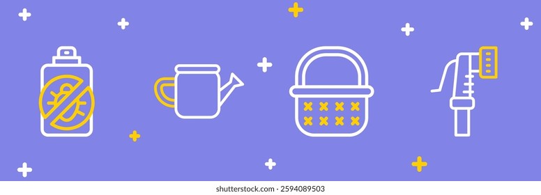 Set line Garden hose, Wicker basket, Watering can and Spray against insects icon. Vector