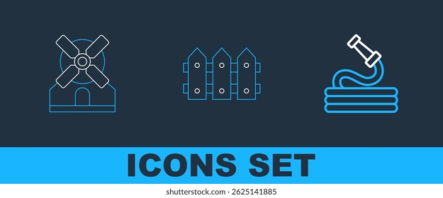 Set line Garden hose, Windmill and fence wooden icon. Vector