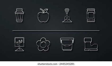 Set line Garden light lamp, Tree, Fertilizer bag, Bucket, Flower, Apple, Waterproof rubber boot and Shovel in the ground icon. Vector