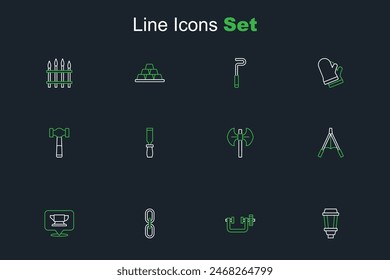 Lámpara de jardín, herramienta de abrazadera y tornillo, Enlace de cadena, yunque de herrero, fuelles de soplador de aire, polea medieval, archivo de metal Rasp e ícono de martillo. Vector