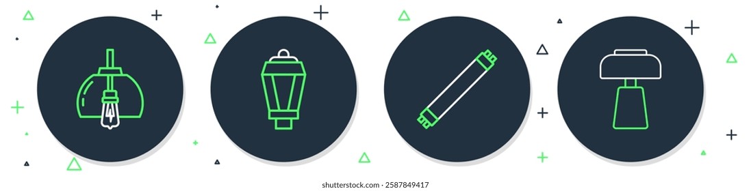 Set line Garden light lamp, Fluorescent, Chandelier and Table icon. Vector