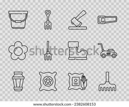 Set line Garden light lamp, rake, Wooden axe, Pack full of seeds of plant, Bucket, Corn in the sack and Lawn mower icon. Vector