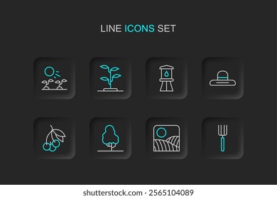 Set line Garden pitchfork, Agriculture wheat field farm, Fruit tree, Fresh berries, Farmer worker hat, Water tower, Sprout and Plant sprouts grow in the sun icon. Vector