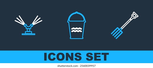 Set line Garden pitchfork, Automatic irrigation sprinklers and Bucket icon. Vector