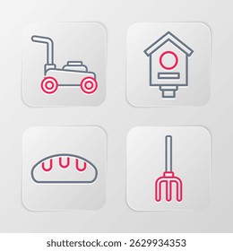 Set line Garden pitchfork, Bread loaf, Bird house and Lawn mower icon. Vector