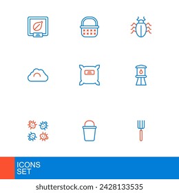 Set line Garden pitchfork, Bucket, Colorado beetle, Water tower, Cloudy weather, Pack full of seeds,  and Wicker basket icon. Vector