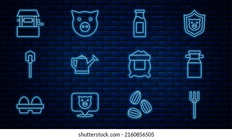 Set line Garden pitchfork, Can container milk, Bottle with, Watering can, Shovel, Well, Bag of flour and Pig icon. Vector