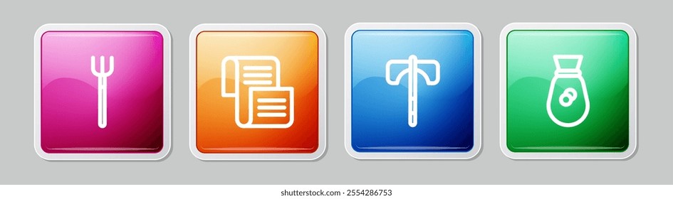 Set line Garden pitchfork, Decree, parchment, scroll, Medieval axe and Old money bag. Colorful square button. Vector