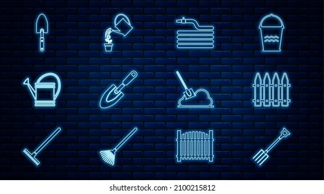 Set line Garden pitchfork, fence, hose fire hose, trowel spade shovel, Watering can, Shovel the ground and  icon. Vector