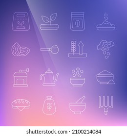 Set line Garden pitchfork, Flour bowl, Seed, Bag of coffee beans, Measuring cup with flour, Pack full seeds plant and Wheat icon. Vector