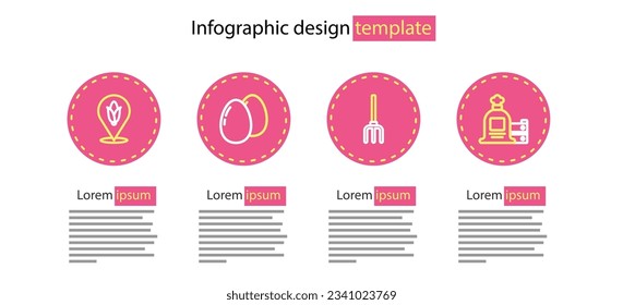 Set line Garden pitchfork, Full sack and wooden box, Chicken egg and Location corn icon. Vector