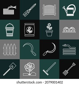 Set line Garden pitchfork, hose fire hose, Automatic irrigation sprinklers, fence, Fertilizer bag, Bucket,  and Flower pot icon. Vector