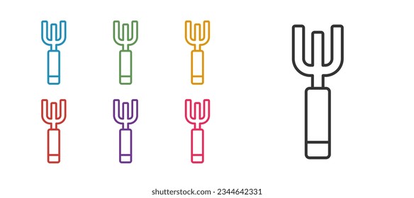 Set line Garden pitchfork icon isolated on white background. Garden fork sign. Tool for horticulture, agriculture, farming. Set icons colorful. Vector