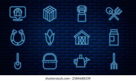 Set line Garden pitchfork, Paper package milk, Can container, Corn, Horseshoe, Location farm house, Farm and Bale of hay icon. Vector