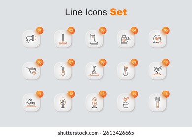 Set line Garden pitchfork, Plant in pot, Flower, Tree, Watering can, Sprout, sprayer water and Shovel icon. Vector