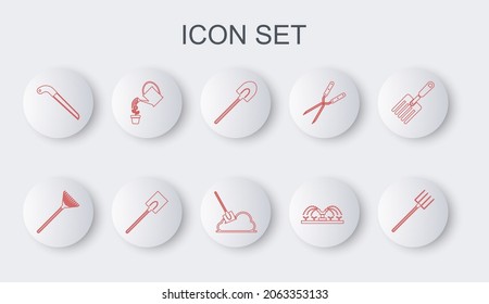 Set line Garden pitchfork, rake leaves, shovel, Automatic irrigation sprinklers, saw, Watering can,  and Shovel the ground icon. Vector