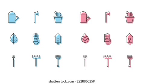 Set line Garden pitchfork, rake, Watering can, gloves, Retro wall watch, Leaf and Wooden axe icon. Vector