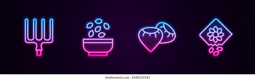 Set line Garden pitchfork, Seeds in bowl,  and Pack full of seeds of plant. Glowing neon icon. Vector