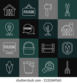Set line Garden pitchfork, Shield corn, Farm house, Wooden axe, Speech bubble with, Location, and Tree icon. Vector