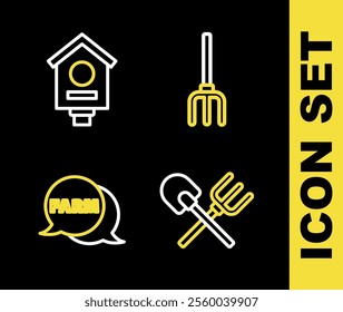 Set line Garden pitchfork, Shovel and rake, Speech bubble with Farm and Bird house icon. Vector