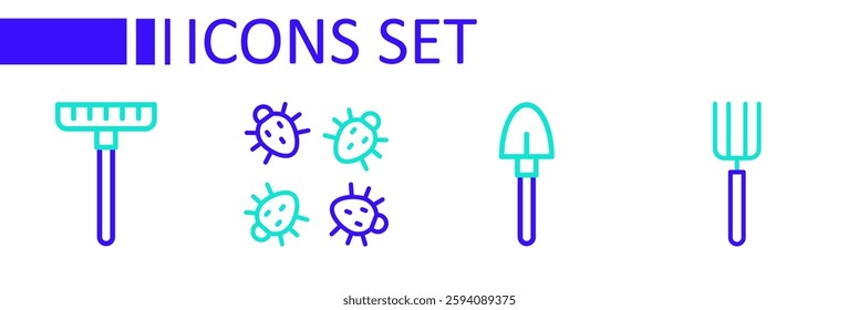 Set line Garden pitchfork, Shovel, Colorado beetle and rake icon. Vector