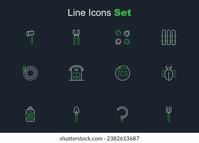 Set line Garden pitchfork, Sickle, Shovel, Spray against insects, Colorado beetle, Eco healthy food, Farm house and hose icon. Vector