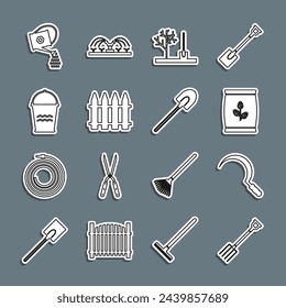 Set line Garden pitchfork, Sickle, Fertilizer bag, Planting tree in the ground, fence, Bucket, Watering can and shovel icon. Vector