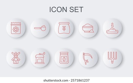 Set line Garden pitchfork, Windmill, Bag of flour, Scythe, Pack full seeds plant, Measuring cup with, Manual coffee grinder and beans icon. Vector